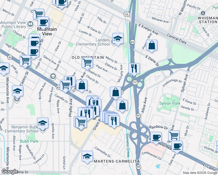 map of restaurants, bars, coffee shops, grocery stores, and more near 12 Church Street in Mountain View
