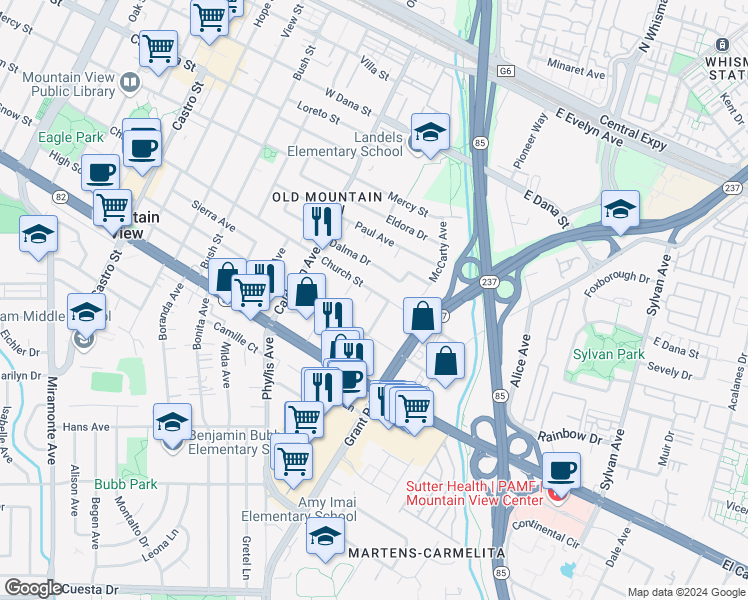 map of restaurants, bars, coffee shops, grocery stores, and more near 610 El Ranchito Way in Mountain View