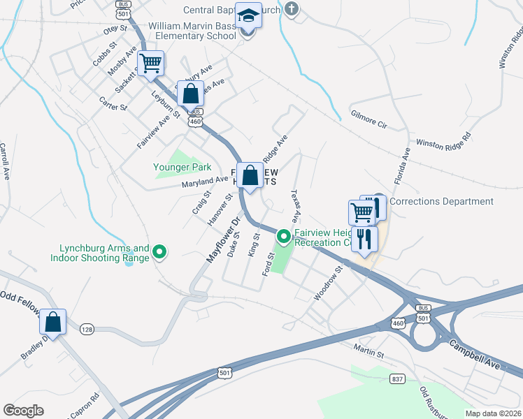 map of restaurants, bars, coffee shops, grocery stores, and more near 3600 Campbell Avenue in Lynchburg