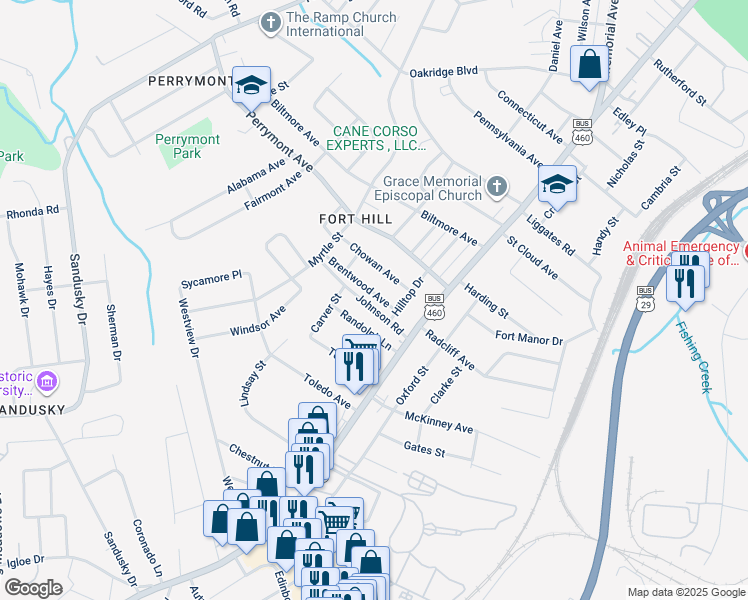 map of restaurants, bars, coffee shops, grocery stores, and more near 921 Johnson Road in Lynchburg