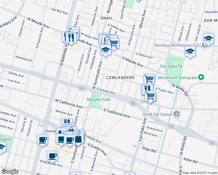 map of restaurants, bars, coffee shops, grocery stores, and more near 310 Jackson Street in Sunnyvale