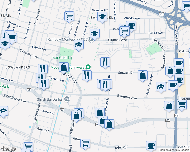 map of restaurants, bars, coffee shops, grocery stores, and more near 830 Stewart Drive in Sunnyvale