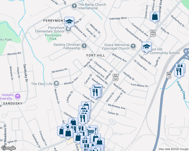 map of restaurants, bars, coffee shops, grocery stores, and more near 908 Randolph Lane in Lynchburg