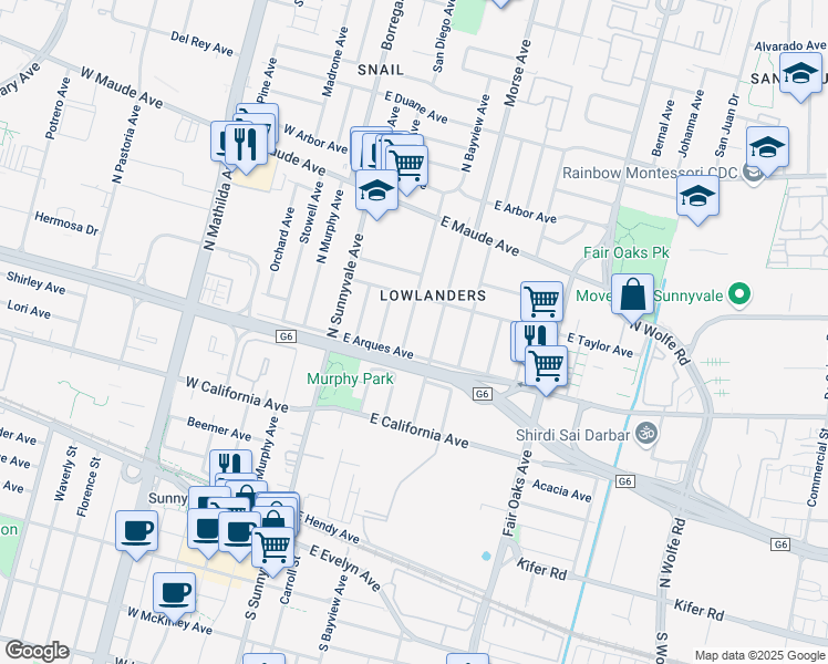 map of restaurants, bars, coffee shops, grocery stores, and more near 325 East Arques Avenue in Sunnyvale