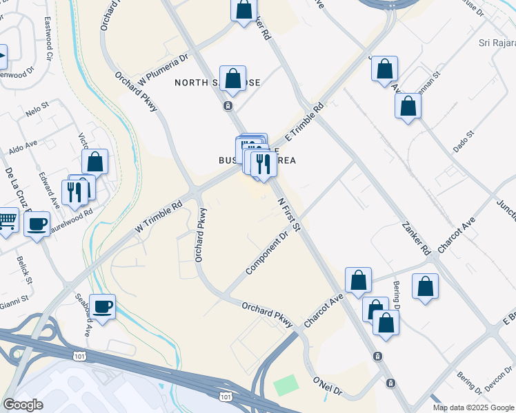 map of restaurants, bars, coffee shops, grocery stores, and more near 2535 North 1st Street in San Jose