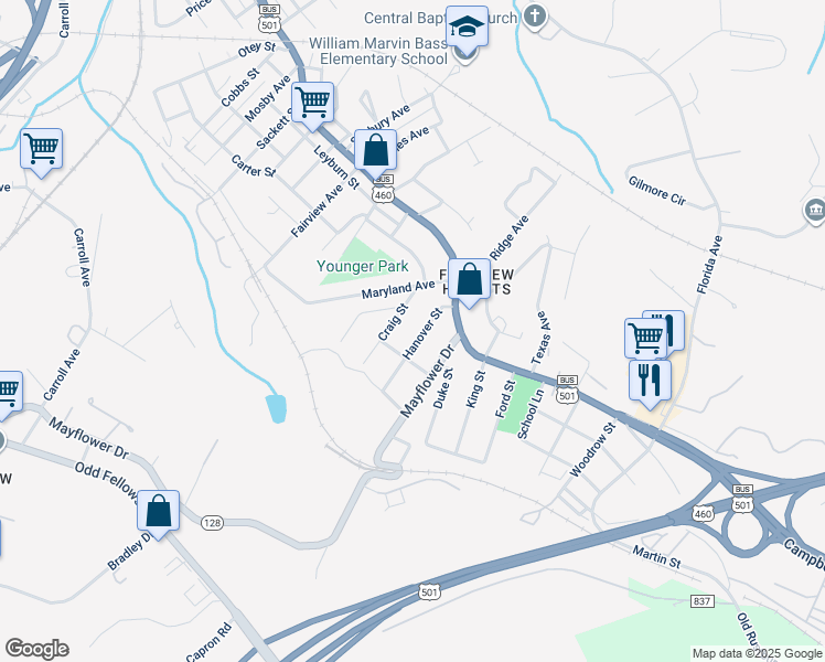 map of restaurants, bars, coffee shops, grocery stores, and more near 2119 Hanover Street in Lynchburg