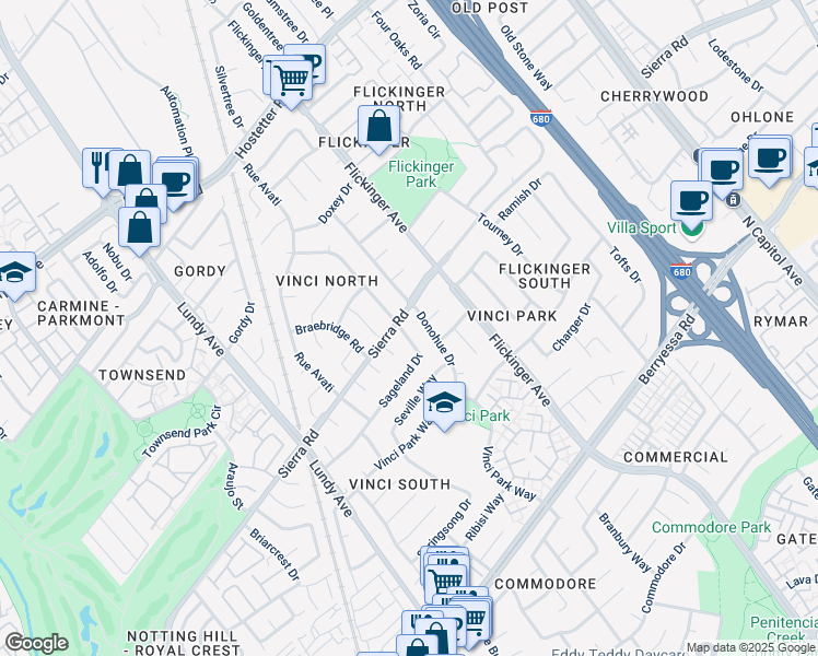 map of restaurants, bars, coffee shops, grocery stores, and more near 1842 Sageland Drive in San Jose