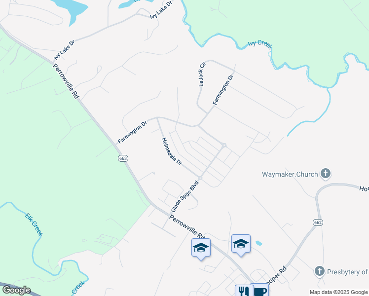 map of restaurants, bars, coffee shops, grocery stores, and more near Harborough Drive in Forest