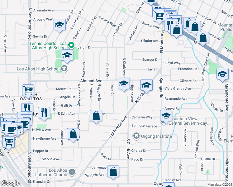 map of restaurants, bars, coffee shops, grocery stores, and more near 115 Doud Drive in Los Altos