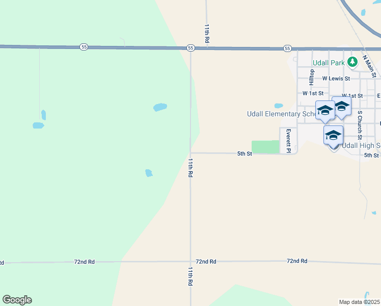 map of restaurants, bars, coffee shops, grocery stores, and more near 11th Road in Udall