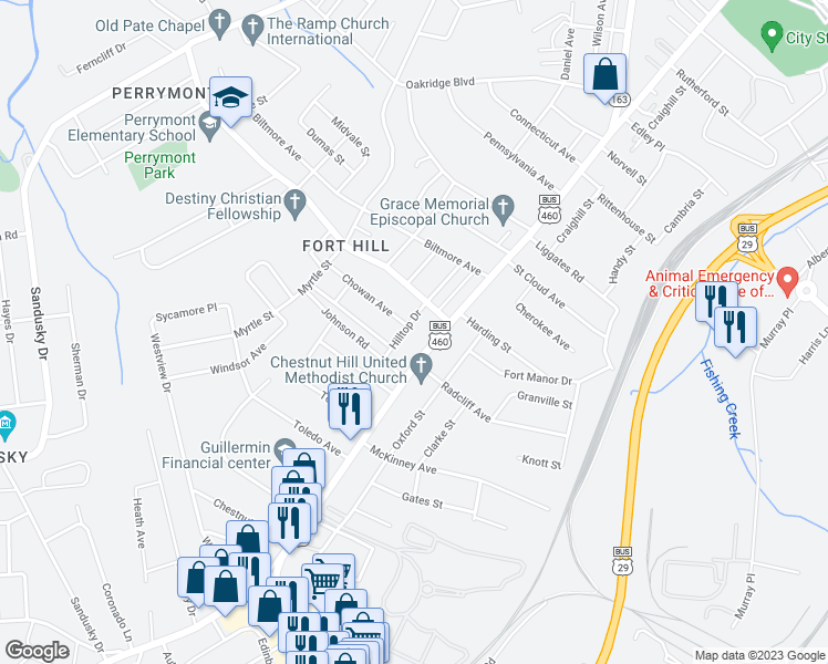 map of restaurants, bars, coffee shops, grocery stores, and more near 4510 Hilltop Drive in Lynchburg