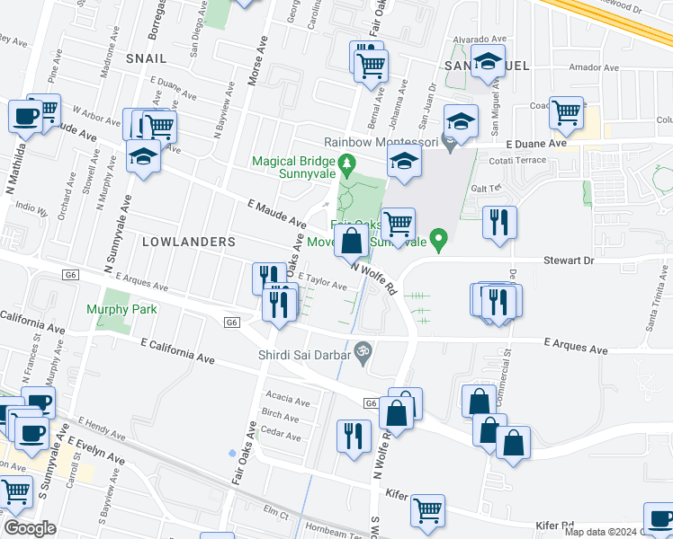 map of restaurants, bars, coffee shops, grocery stores, and more near 388 Santa Elena Terrace in Sunnyvale