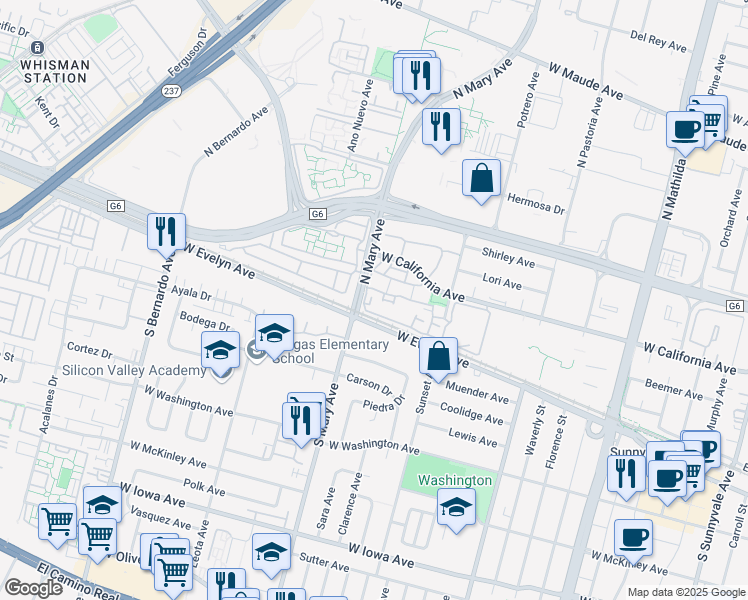 map of restaurants, bars, coffee shops, grocery stores, and more near 999 West Evelyn Avenue in Sunnyvale