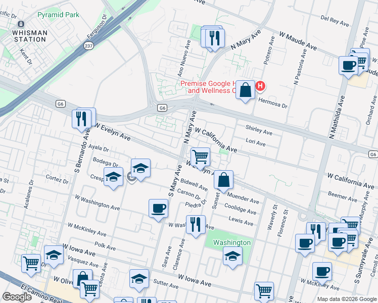 map of restaurants, bars, coffee shops, grocery stores, and more near 999 West Evelyn Avenue in Sunnyvale