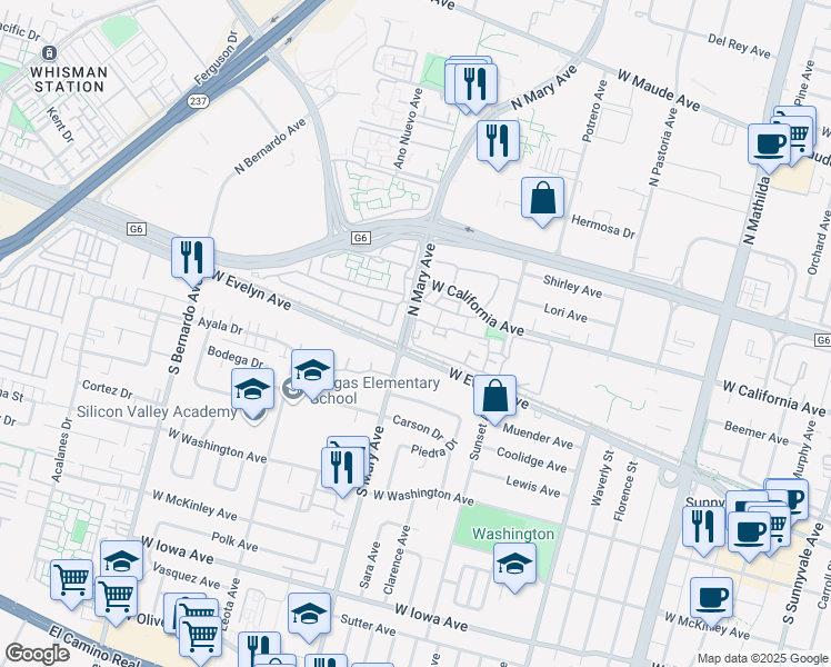 map of restaurants, bars, coffee shops, grocery stores, and more near 996 West Evelyn Avenue in Sunnyvale