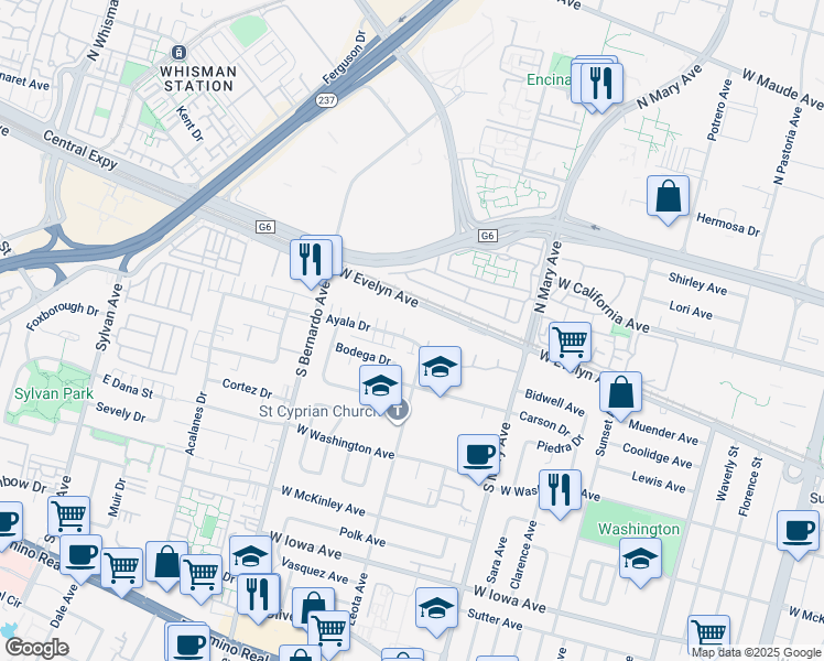 map of restaurants, bars, coffee shops, grocery stores, and more near 1118 Ayala Drive in Sunnyvale