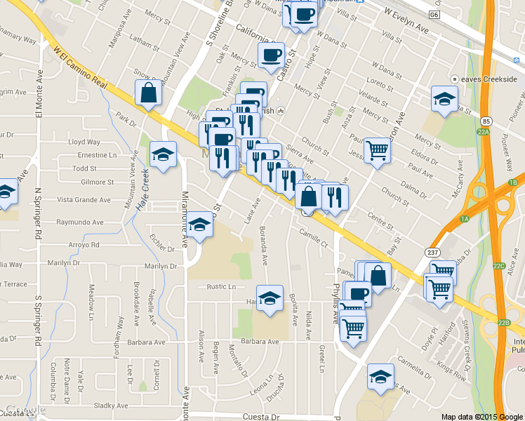 map of restaurants, bars, coffee shops, grocery stores, and more near 991 Boranda Avenue in Mountain View