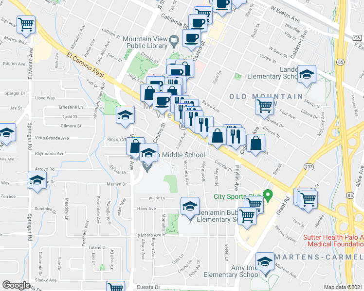 map of restaurants, bars, coffee shops, grocery stores, and more near 991 Boranda Avenue in Mountain View