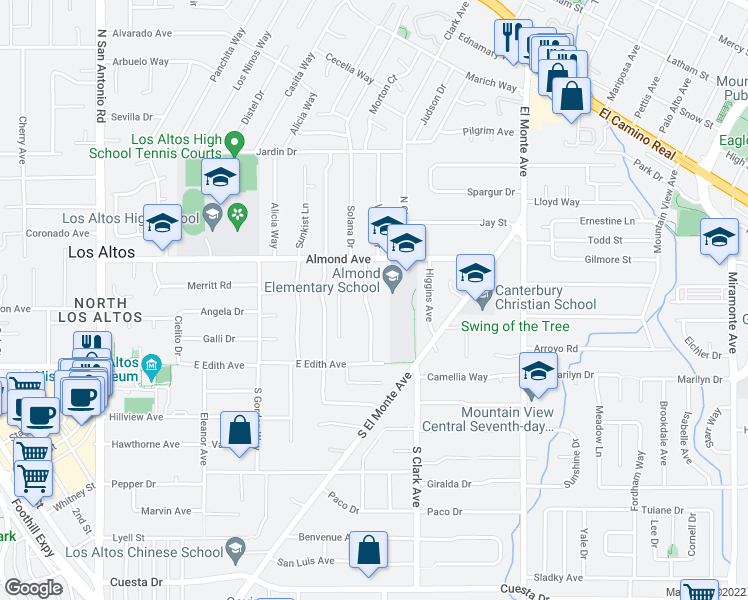 map of restaurants, bars, coffee shops, grocery stores, and more near 115 Doud Drive in Los Altos