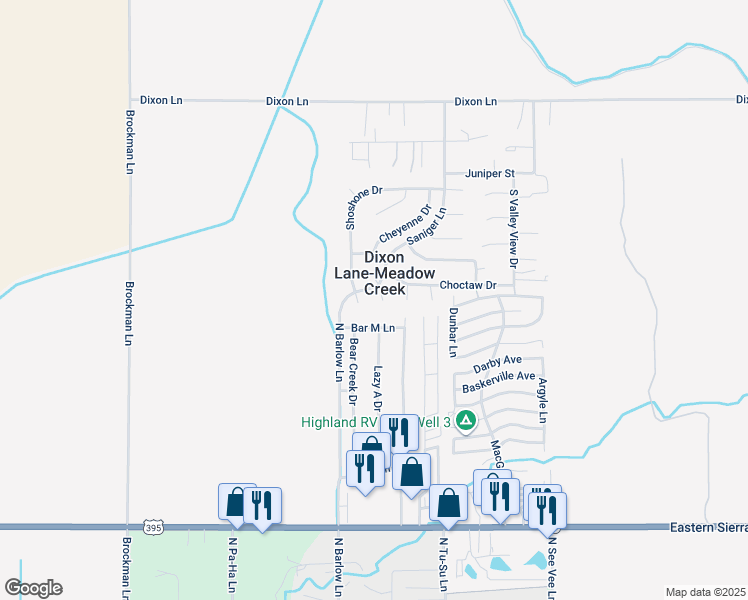 map of restaurants, bars, coffee shops, grocery stores, and more near 2551 Bar M Ln in Bishop