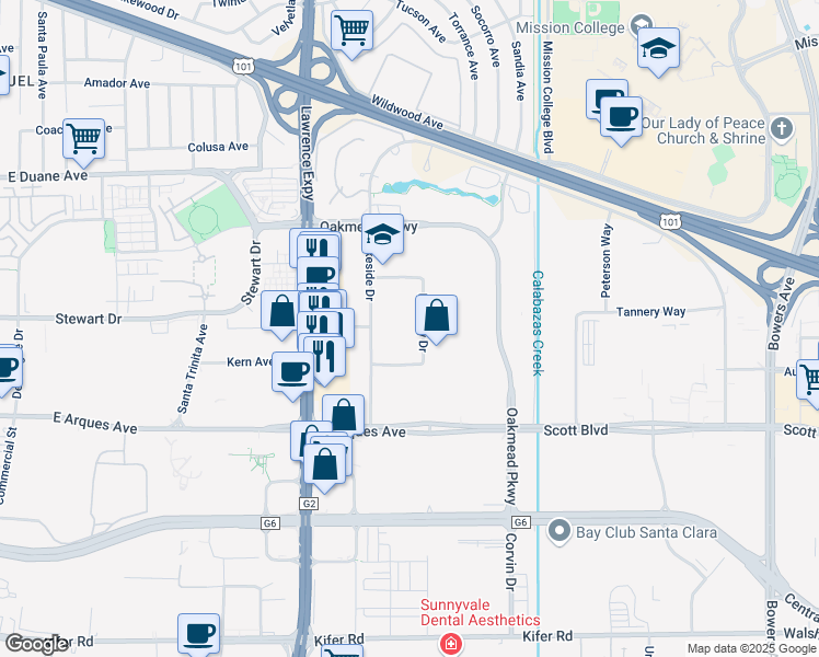 map of restaurants, bars, coffee shops, grocery stores, and more near 495 Mercury Drive in Sunnyvale