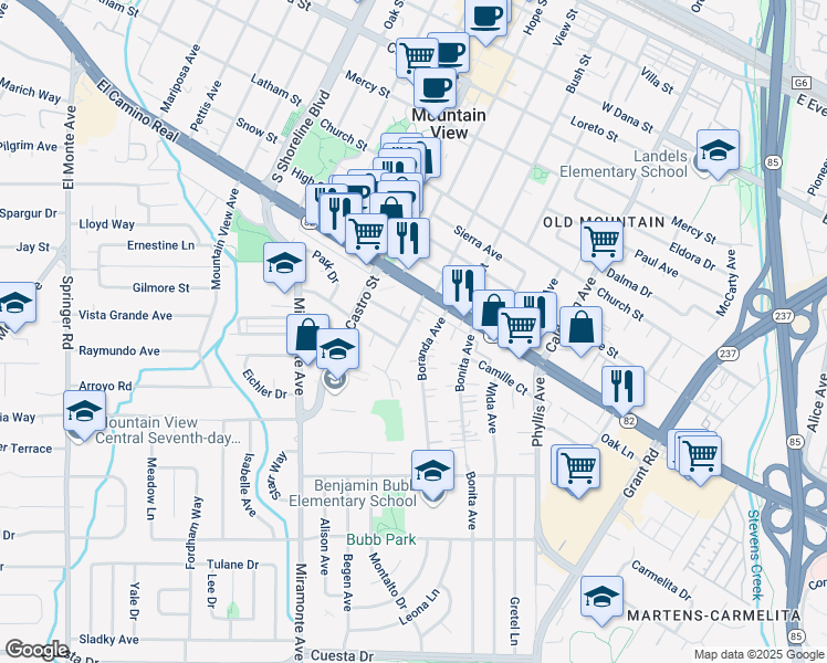 map of restaurants, bars, coffee shops, grocery stores, and more near 991 Boranda Avenue in Mountain View