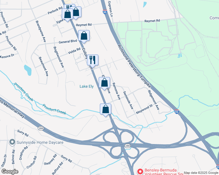 map of restaurants, bars, coffee shops, grocery stores, and more near 10401 Elokomin Avenue in Richmond