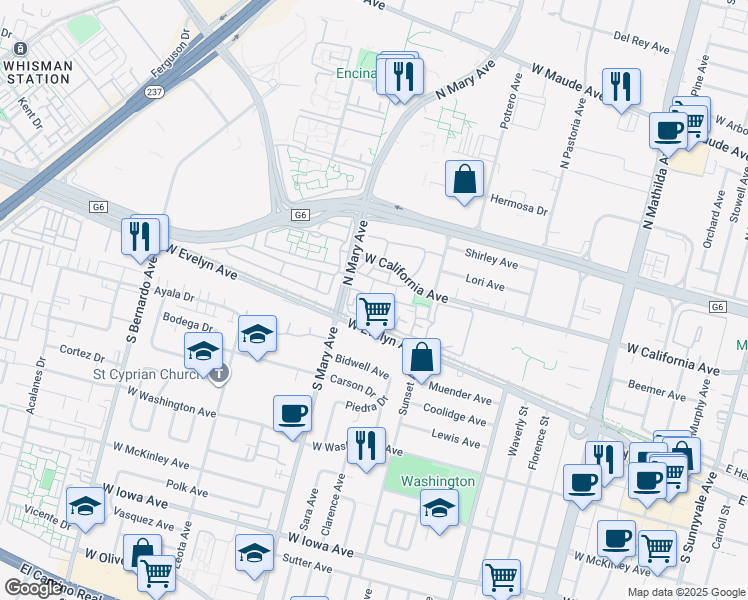 map of restaurants, bars, coffee shops, grocery stores, and more near 994 Alpine Terrace in Sunnyvale