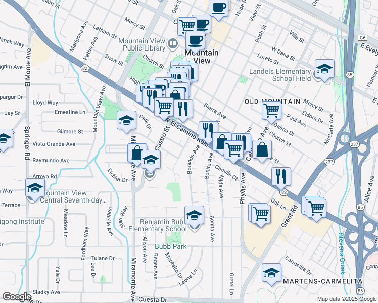 map of restaurants, bars, coffee shops, grocery stores, and more near 991 Boranda Avenue in Mountain View
