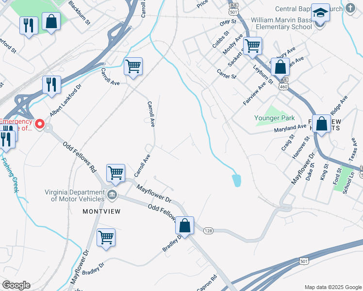 map of restaurants, bars, coffee shops, grocery stores, and more near 2812 Raleigh Street in Lynchburg
