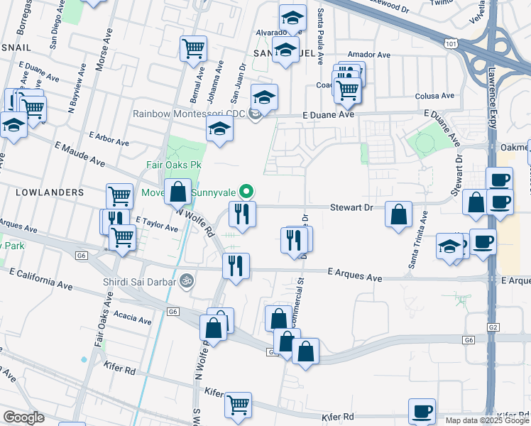 map of restaurants, bars, coffee shops, grocery stores, and more near 830 Stewart Drive in Sunnyvale