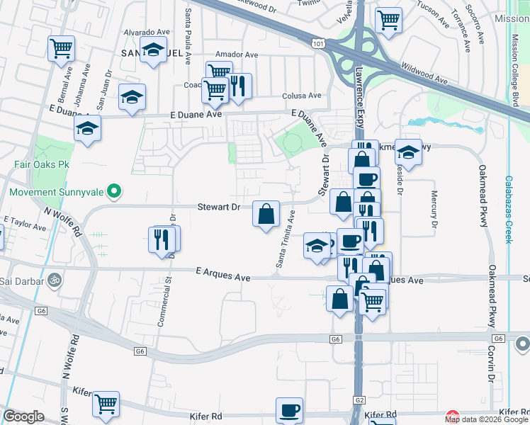 map of restaurants, bars, coffee shops, grocery stores, and more near 1077 E Arques Ave in Sunnyvale
