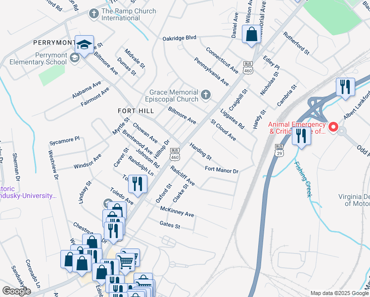 map of restaurants, bars, coffee shops, grocery stores, and more near 4610 Fort Avenue in Lynchburg