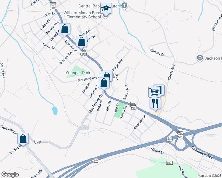 map of restaurants, bars, coffee shops, grocery stores, and more near 3451 Powhatan Street in Lynchburg