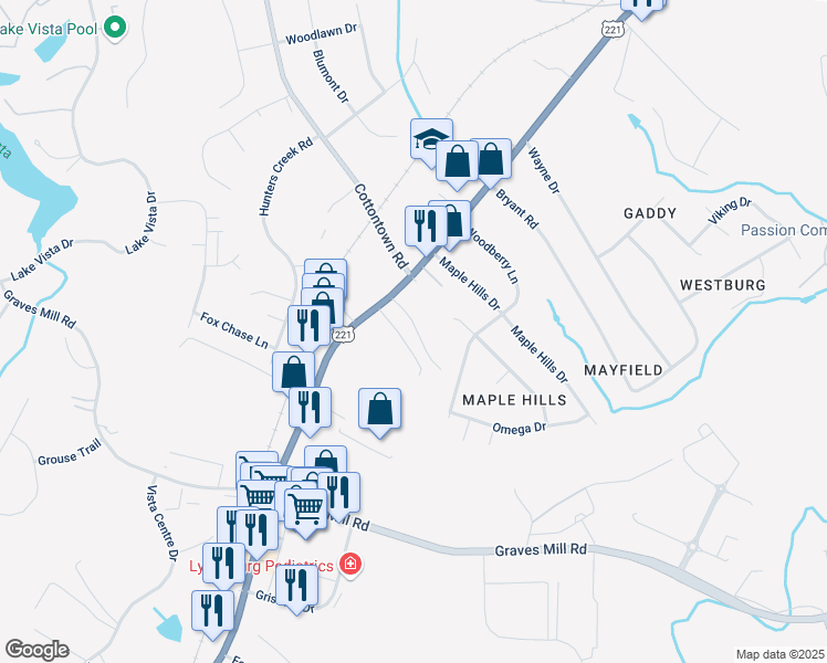 map of restaurants, bars, coffee shops, grocery stores, and more near 1101 Millners Drive in Lynchburg