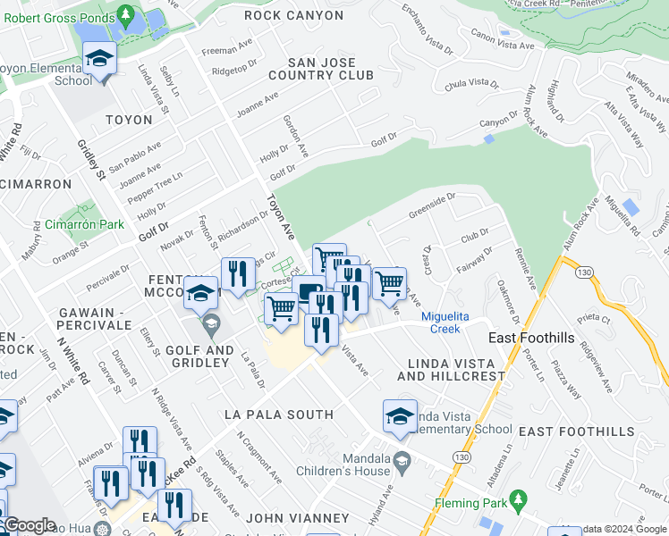 map of restaurants, bars, coffee shops, grocery stores, and more near 448 Toyon Avenue in San Jose