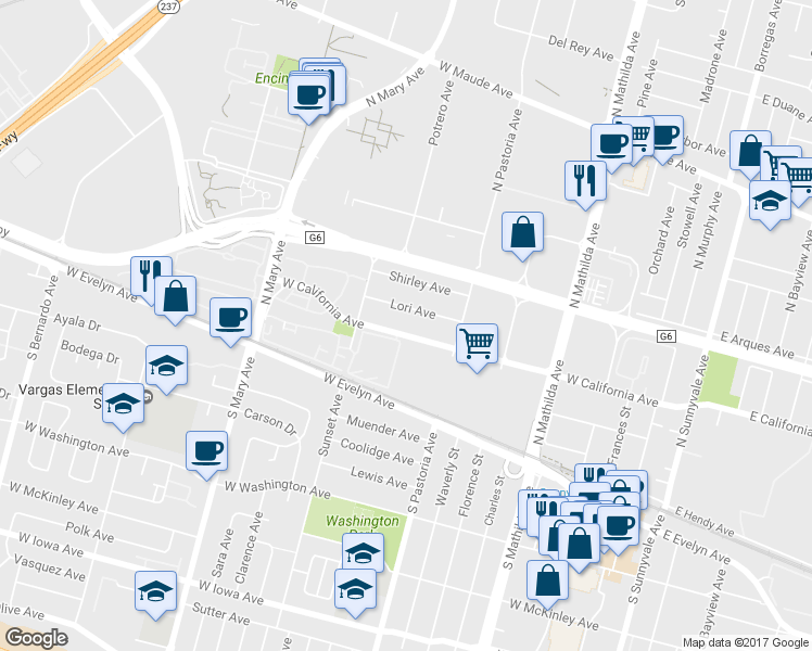 map of restaurants, bars, coffee shops, grocery stores, and more near 150 Pasito Terrace in Sunnyvale
