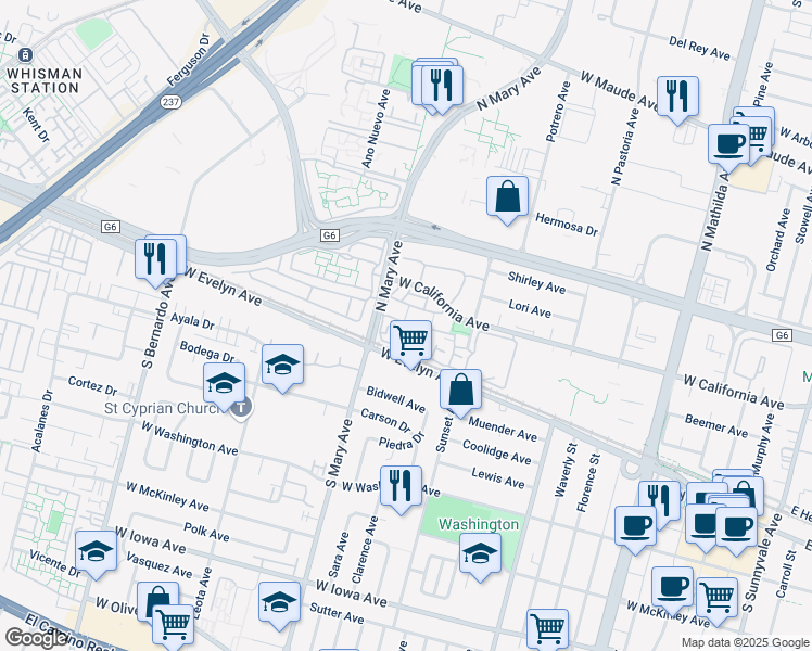 map of restaurants, bars, coffee shops, grocery stores, and more near 983 Asilomar Terrace in Sunnyvale