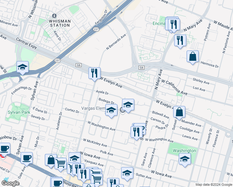 map of restaurants, bars, coffee shops, grocery stores, and more near 1118 Ayala Drive in Sunnyvale