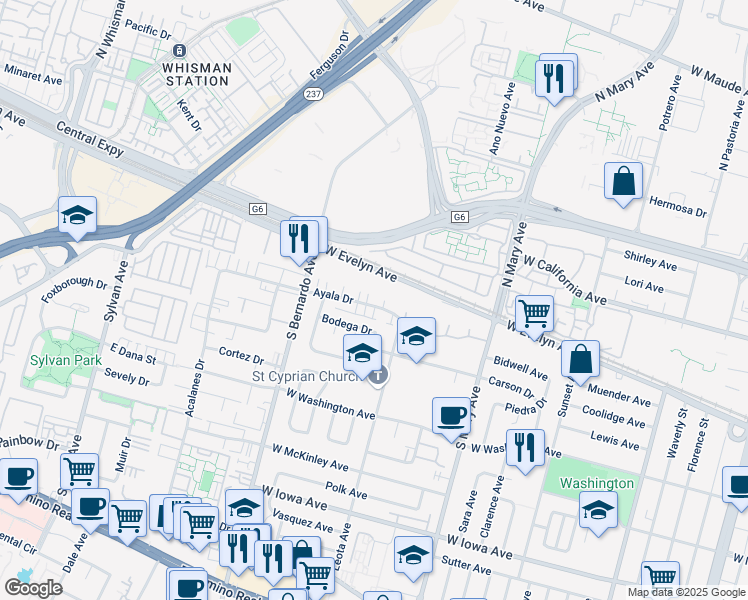 map of restaurants, bars, coffee shops, grocery stores, and more near 1151 Bodega Drive in Sunnyvale