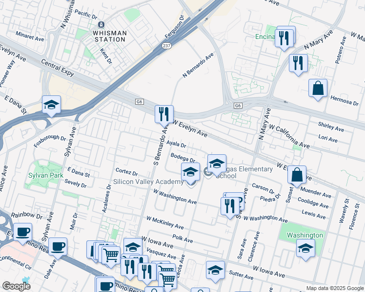 map of restaurants, bars, coffee shops, grocery stores, and more near 1151 Bodega Drive in Sunnyvale