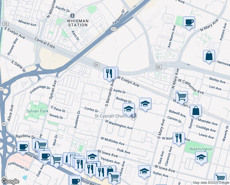 map of restaurants, bars, coffee shops, grocery stores, and more near 154 Butano Avenue in Sunnyvale