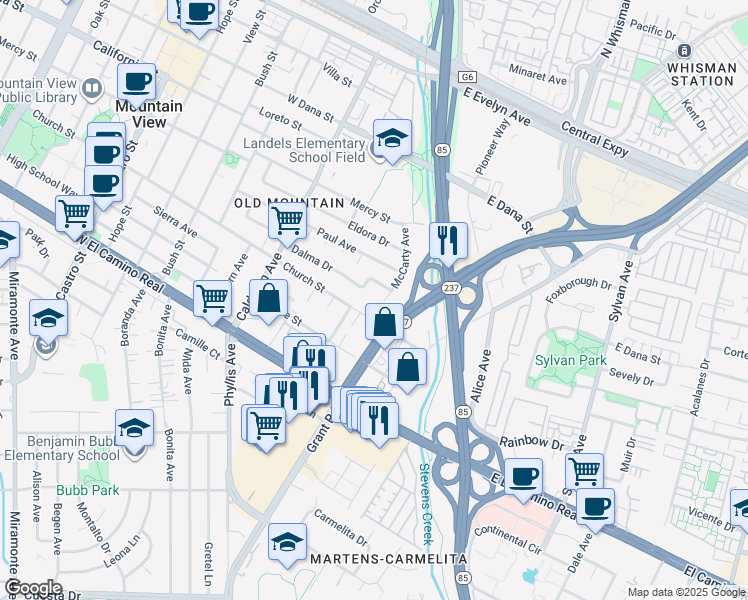 map of restaurants, bars, coffee shops, grocery stores, and more near 12 Church Street in Mountain View