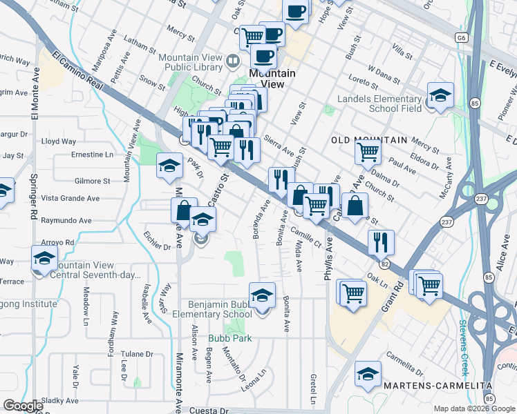 map of restaurants, bars, coffee shops, grocery stores, and more near 991 Boranda Avenue in Mountain View