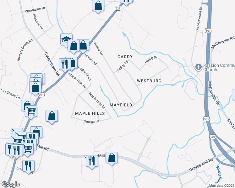 map of restaurants, bars, coffee shops, grocery stores, and more near 221 Bryant Road in Lynchburg