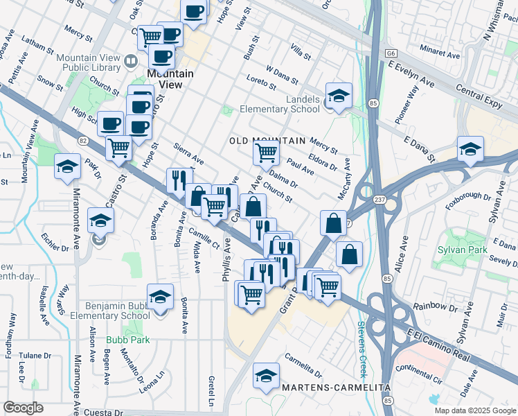 map of restaurants, bars, coffee shops, grocery stores, and more near 184 Centre Street in Mountain View