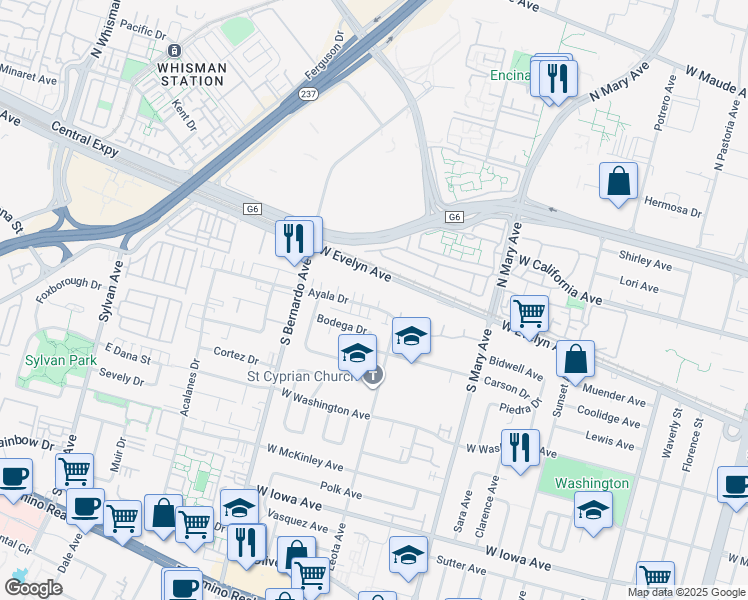map of restaurants, bars, coffee shops, grocery stores, and more near 1139 Ayala Drive in Sunnyvale