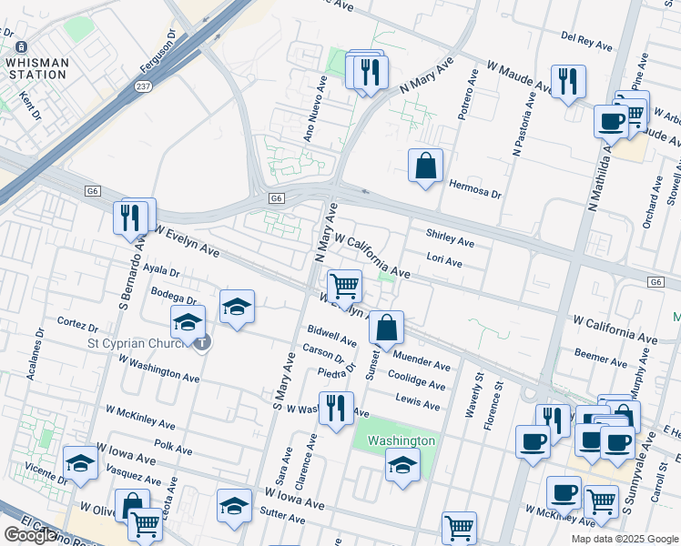 map of restaurants, bars, coffee shops, grocery stores, and more near 983 Asilomar Terrace in Sunnyvale