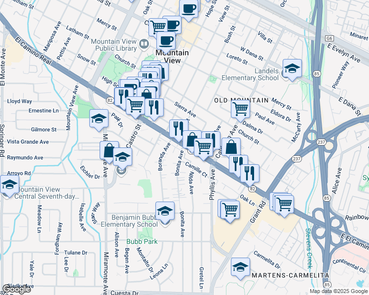 map of restaurants, bars, coffee shops, grocery stores, and more near 399 West El Camino Real in Mountain View
