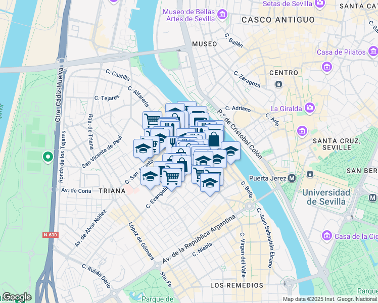map of restaurants, bars, coffee shops, grocery stores, and more near 31 Calle Fabié in Sevilla